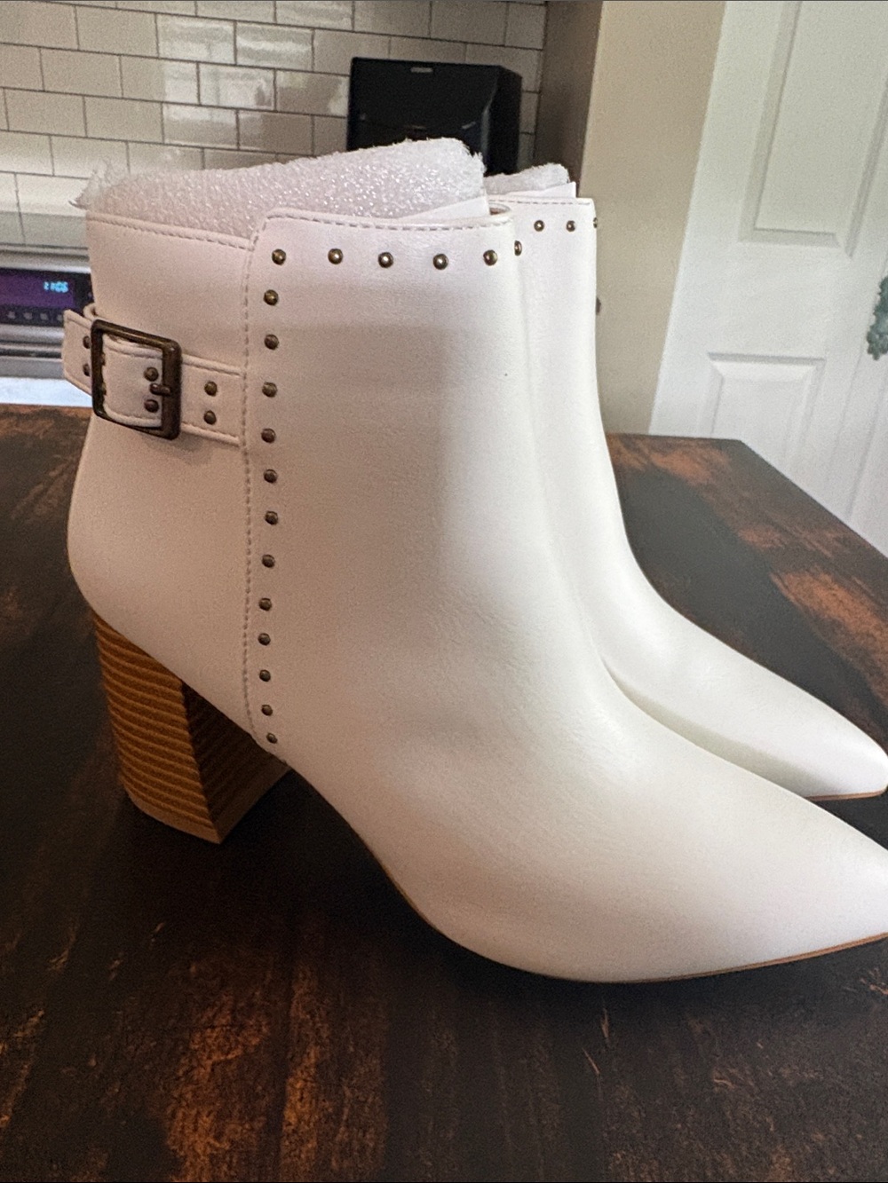 White Studded Pointed-Toe Ankle Boots with Buckle - Women's